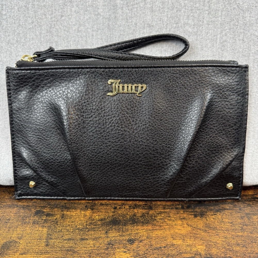 Juicy Couture Logo Zip Lined Clutch Wristlet Wallet Black Clean PreOwned